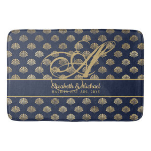 Monogram ART Deco Navy Blue Gold Shells Newlyweds Bath Mat
