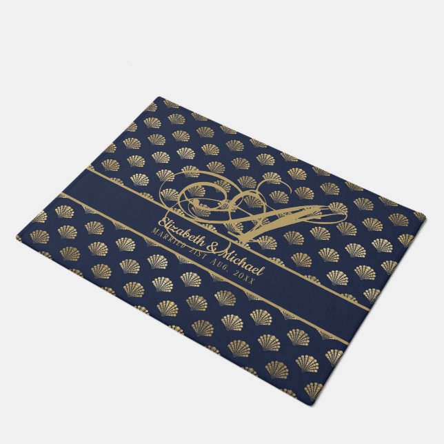 Monogram ART Deco Navy Blue Gold Shells Newlyweds Doormat (Angled)