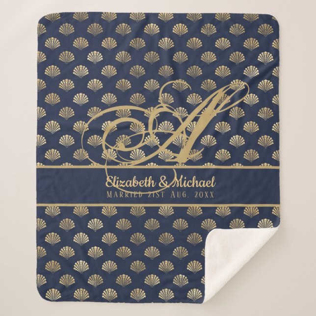 Monogram ART Deco Navy Blue Gold Shells Newlyweds Sherpa Blanket (Front)