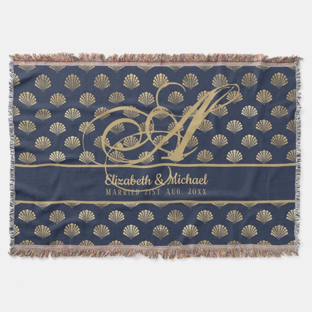 Monogram ART Deco Navy Blue Gold Shells Newlyweds Throw Blanket (Front)