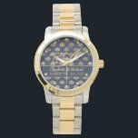 Monogram ART Deco Navy Blue Gold Shells Newlyweds Watch<br><div class="desc">Elegant wedding gift for newlyweds featuring their surname monogram as a fancy calligraphy letter,  their first names and the date of marriage. The theme is navy blue with a gold shell pattern art deco style.</div>