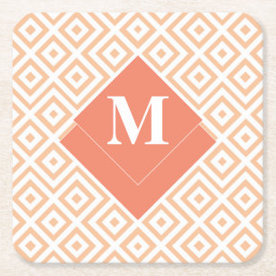 Monogram Art Deco Orange Geometric Greek Pattern Square Paper Coaster