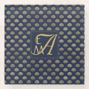 Monogram ART DECO Shells Navy Blue Gold Newlyweds Glass Coaster