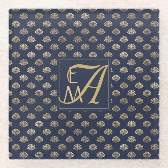 Monogram ART DECO Shells Navy Blue Gold Newlyweds Glass Coaster (Front)