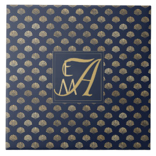 Monogram ART DECO Shells Navy Blue Gold Newlyweds Tile