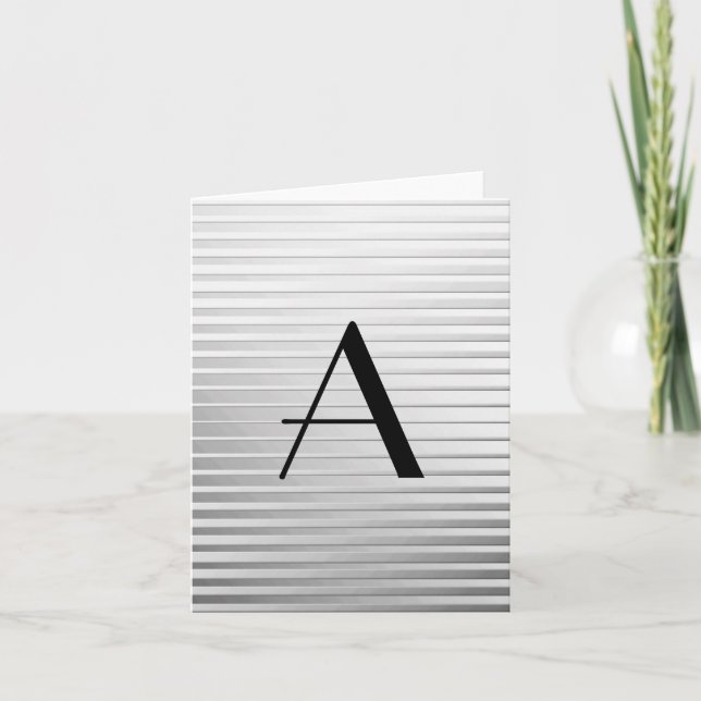 Monogram Art Deco Silver Satin Stripes Note Card (Front)