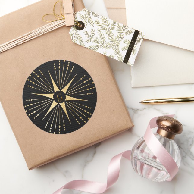Monogram Art Deco Star Black and Gold Classic Round Sticker (Gifting)
