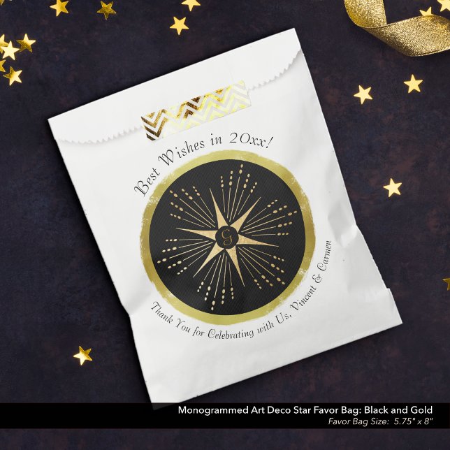 Monogram Art Deco Star Black and Gold Favour Bags (Monogrammed Art Deco Star Favor Bag: Black and Gold)