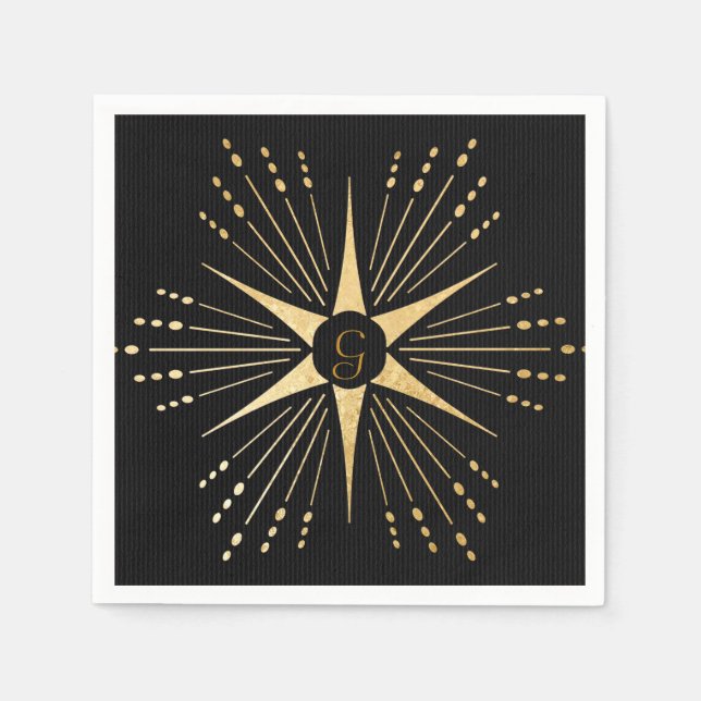Monogram Art Deco Star Black and Gold Napkin (Front)