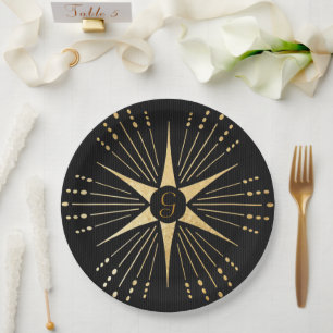 Monogram Art Deco Star Black and Gold Paper Plate