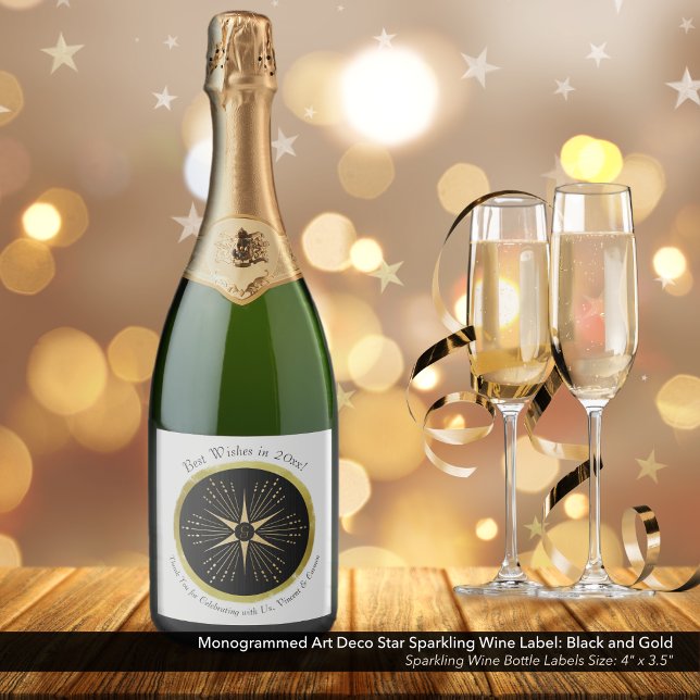 Monogram Art Deco Star Black and Gold Sparkling Wine Label (Monogrammed Art Deco Star Sparkling Wine Label: Black and Faux Metallic Gold Foil.)