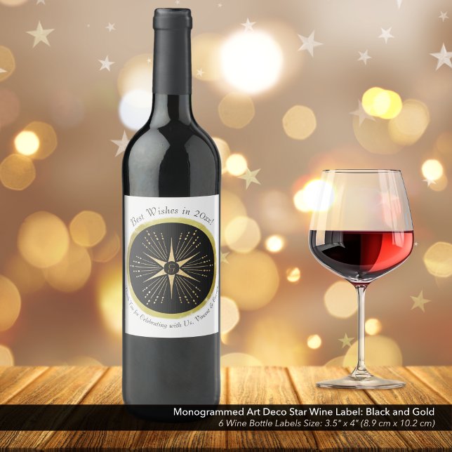 Monogram Art Deco Star Black and Gold Wine Label (Monogrammed Art Deco Star Wine Bottle Label: Black and Gold )