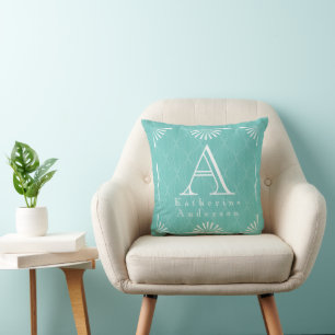 Monogram Art Deco Teal Aqua Cushion