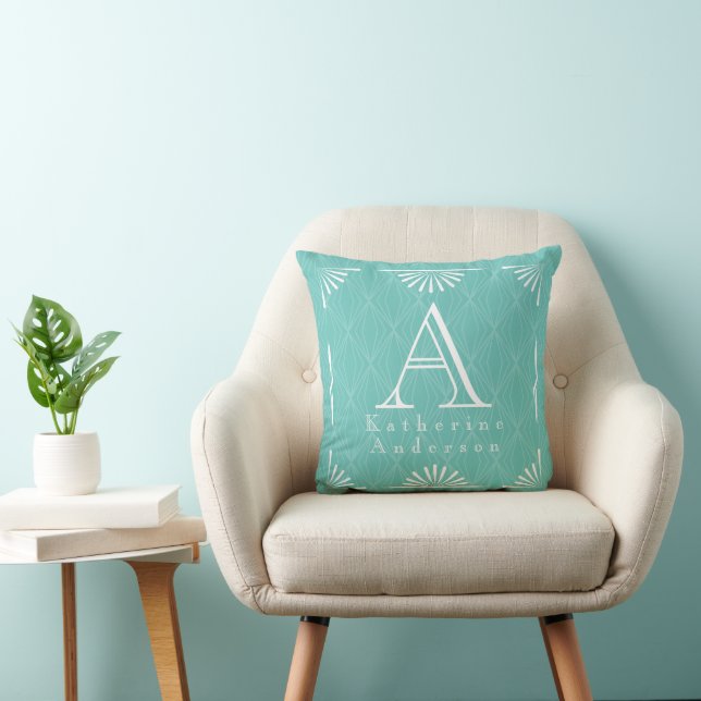 Monogram Art Deco Teal Aqua Cushion (Chair)