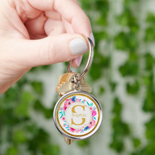 Monogram Art I Gold Initial and Watercolor Rose Key Ring