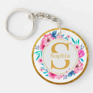Monogram Art I Gold Initial and Watercolor Rose Key Ring