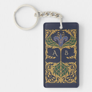 Monogram Art Nouveau Blue Lily Keychain