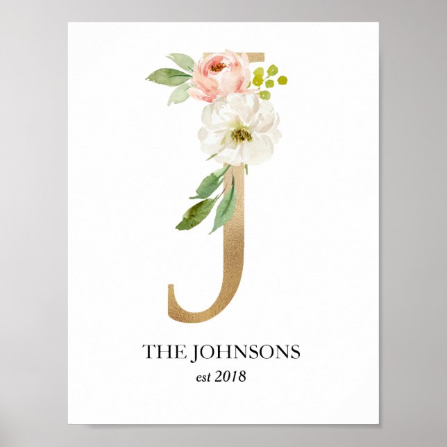 Monogram Art Print, Letter J, Wedding, Nursery Poster (Front)