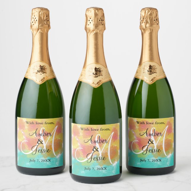 Monogram Artsy Gouache Watercolors Wedding Sparkling Wine Label (Bottles)
