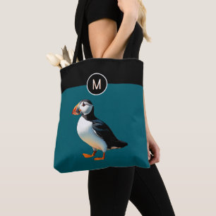 Monogram Atlantic Puffin Bird Teal Wildlife Tote Bag