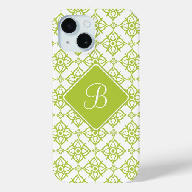 Monogram Atlantis Green Star Damask on White Case-Mate iPhone Case (Back)