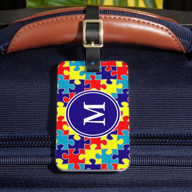 Monogram Autism Awareness Aspergers Puzzle Pattern Luggage Tag (Front Insitu 2)