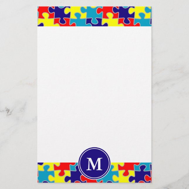 Monogram Autism Awareness Aspergers Puzzle Pattern Stationery (Front)