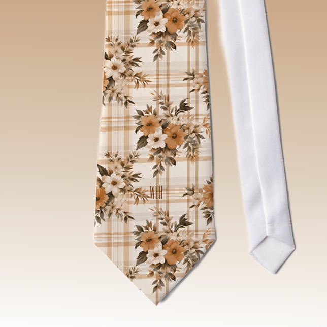 Monogram Autumn-Fall Florals Plaid Pattern Necktie (Creator Uploaded)