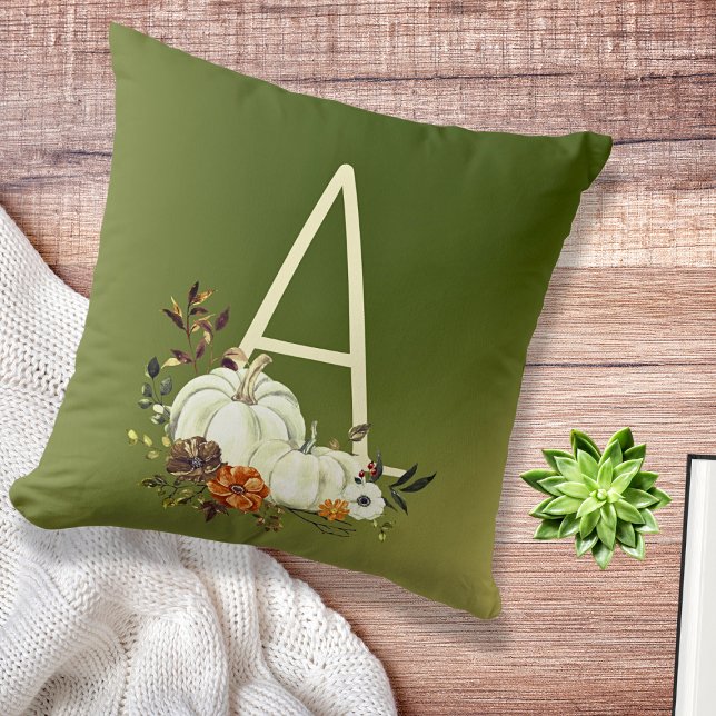 Monogram Autumn Flower & White Pumpkins Cushion (Creator Uploaded)