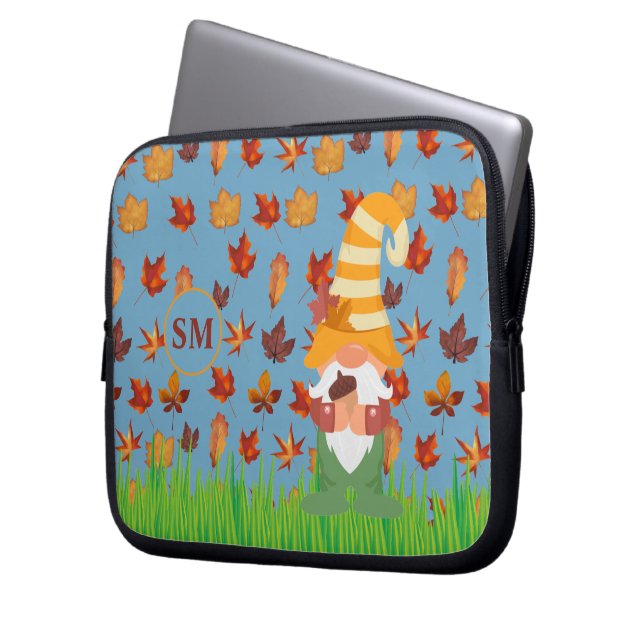 Monogram Autumn Gnome Acorn Brown Orange Leaves Laptop Sleeve (Front Left)