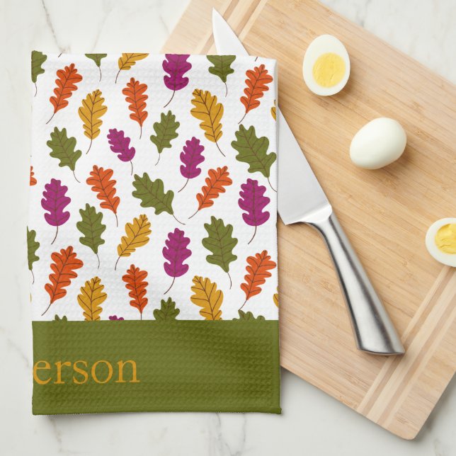 Monogram Autumn Leaves Fall Colours Green Yellow Tea Towel (Quarter Fold)
