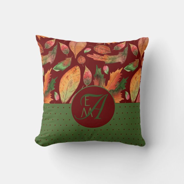 Monogram Autumn Leaves Fall Deep Red Green Decor Cushion (Front)