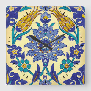 Monogram Azulejo Ceramic Style Vintage Ornament Square Wall Clock