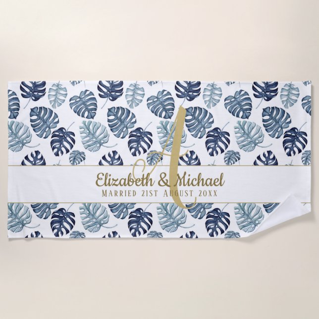 Monogram Azure Blue Tropical Leaves Gold Newlyweds Beach Towel (Front)