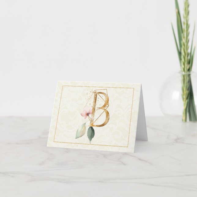 Monogram B Floral Note Card Gold (Front)
