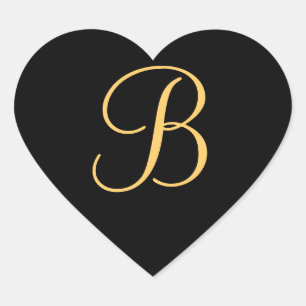 Monogram B,  gold coloured initial B on black, Cla Heart Sticker