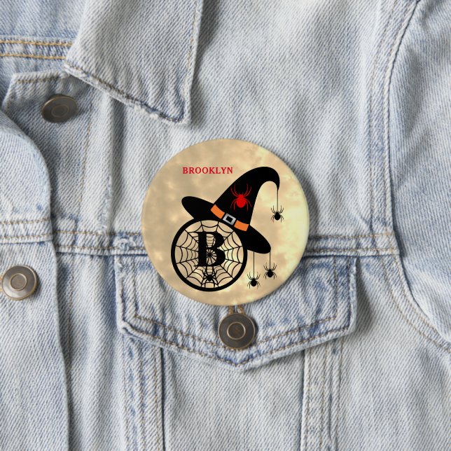 Monogram B Halloween Sky Witch Spiders Name Button (In Situ)