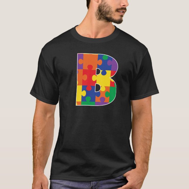 Monogram B in Multi Colour Puzzle Pieces T-Shirt (Front)