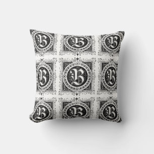 Monogram B Initial Black and White Floral Pattern Cushion