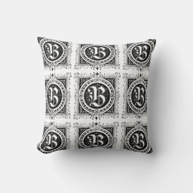 Monogram B Initial Black and White Floral Pattern Cushion (Front)