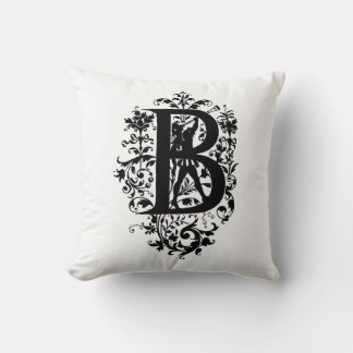 Monogram B Initial Black and White Floral Pattern Cushion