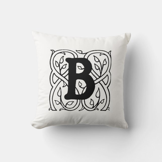 Monogram B Initial Black and White Floral Pattern Cushion (Front)