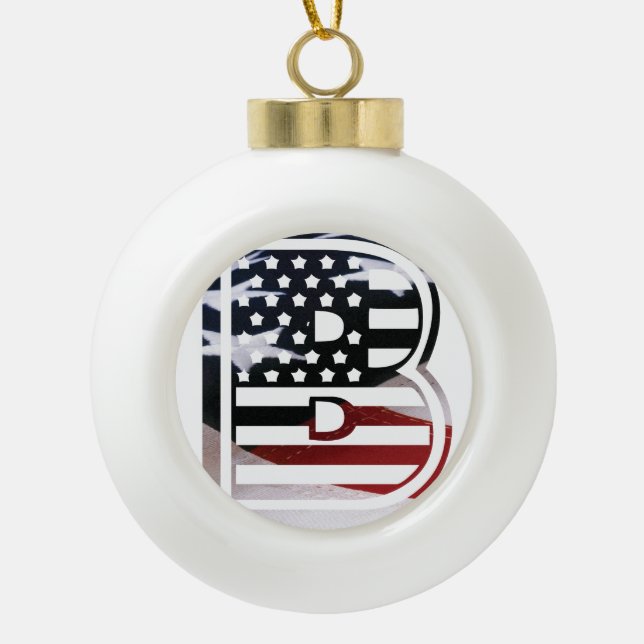 Monogram B USA Flag Ceramic Ball Christmas Ornament (Front)