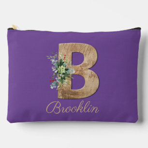 Monogram B wood letter violet flower Accessory Pouch