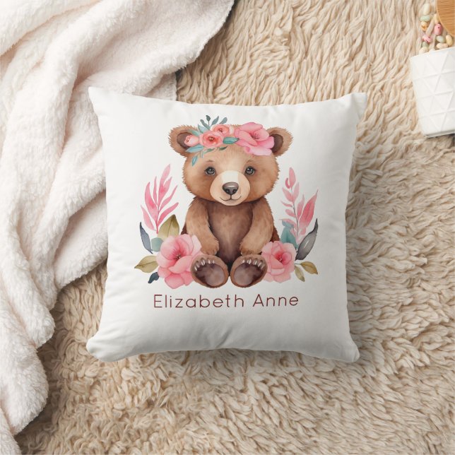 Monogram Baby Bear Pink Flowers Baby Girl Nursery Cushion (Blanket)