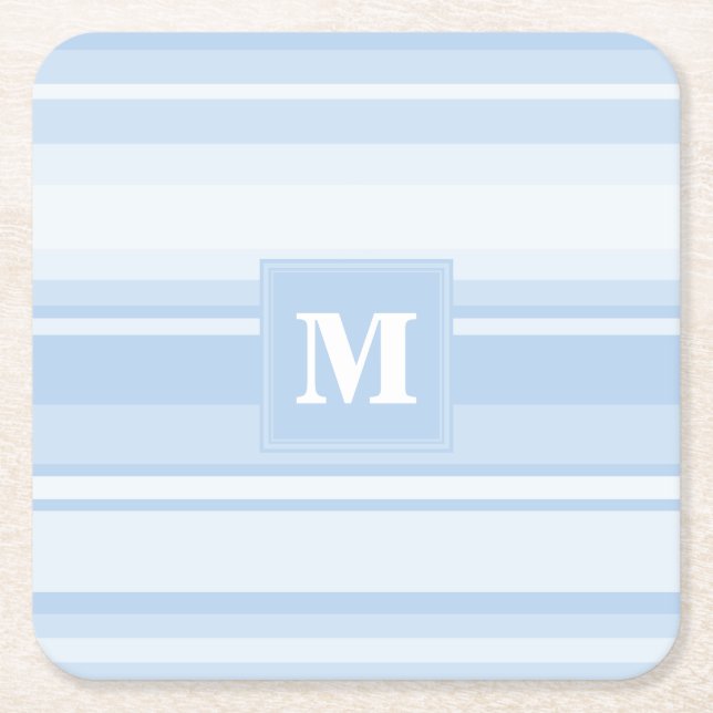 Monogram baby blue stripes square paper coaster (Front)