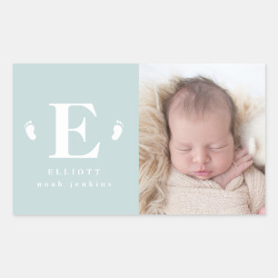 monogram baby feet photo birth announcement rectangular sticker