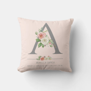 Monogram Baby Girl Birth Stats Heart Floral Cushion