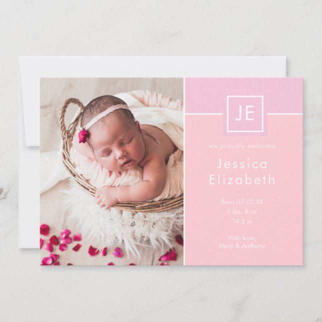 Monogram Baby Girl Photos Pink Modern Birth Announcement (Front)