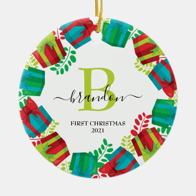 Monogram Baby Name First Christmas Xmas Wreath Ceramic Tree Decoration (Front)